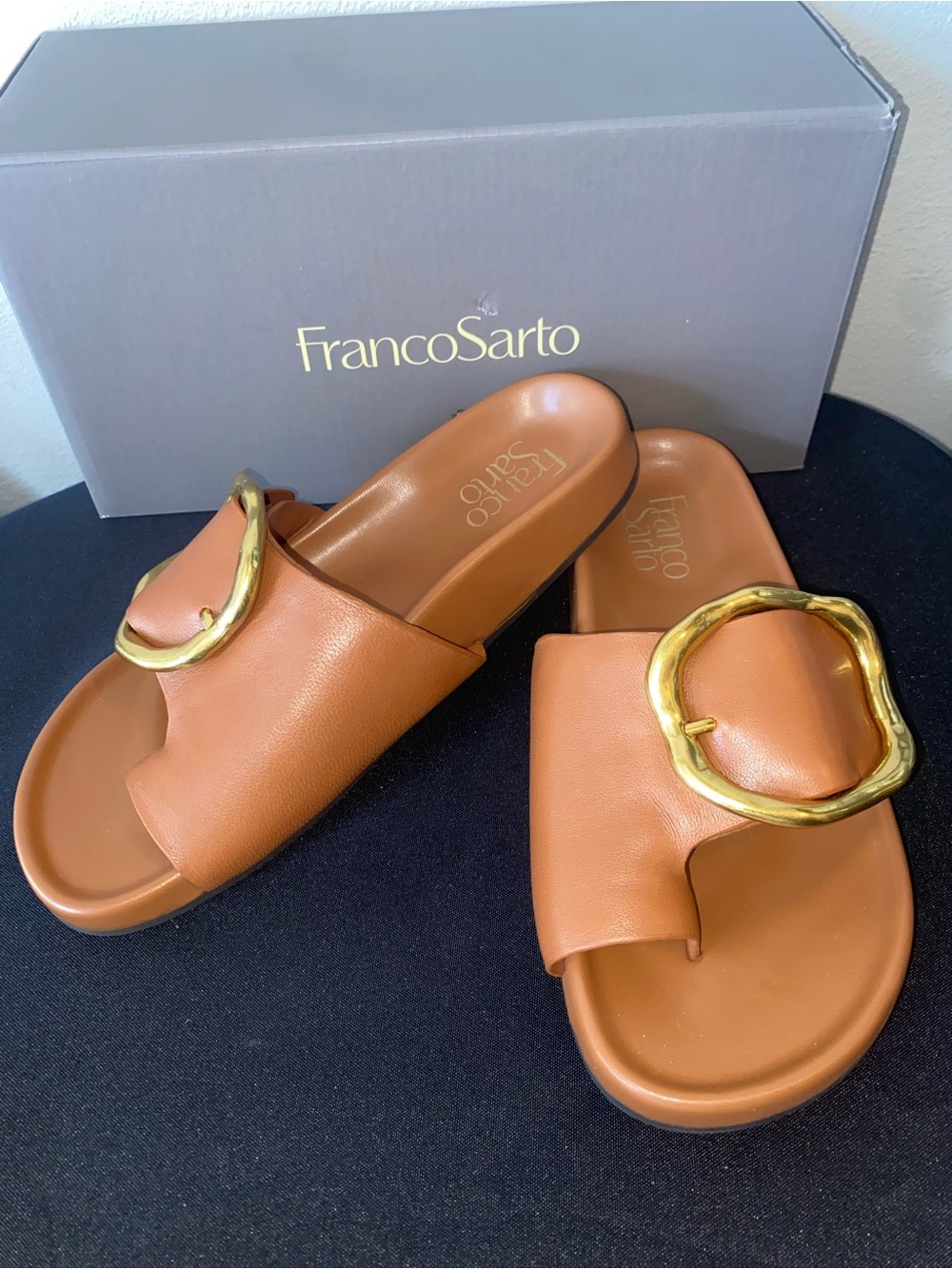 Franco Sarto Leather “Brianka” Sandals with Gold Buckle Sz 5 1/2